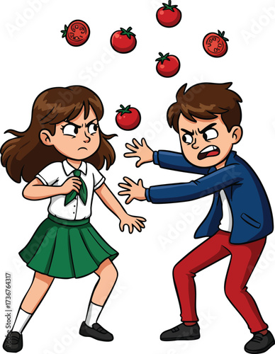 Children fighting throwing tomatoes in playful argument boy and girl cartoon vector illustration