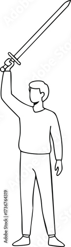 Man holding sword raised in hand standing in simple outline vector drawing isolated on white background