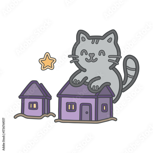 Microworld: cute cat resting on a stack of books with fluffy clouds. Kawaii doodle vector illustration