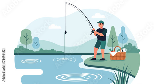 Man Fishing By The Lake, Recreational Pursuits, Leisure Activities, Nature, Scenic View