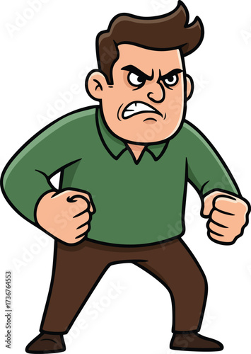Angry man with clenched fists expressing frustration and irritation in green shirt and brown pants vector illustration