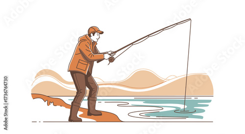 Man fishing in the lake vector illustration line art and flat design concept