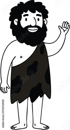 Cartoon caveman waving hand with beard and primitive clothing vector illustration