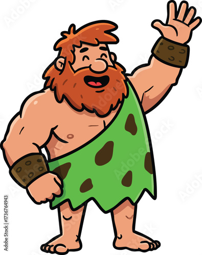 Caveman cartoon character waving hand prehistoric man with beard and green animal skin outfit vector illustration