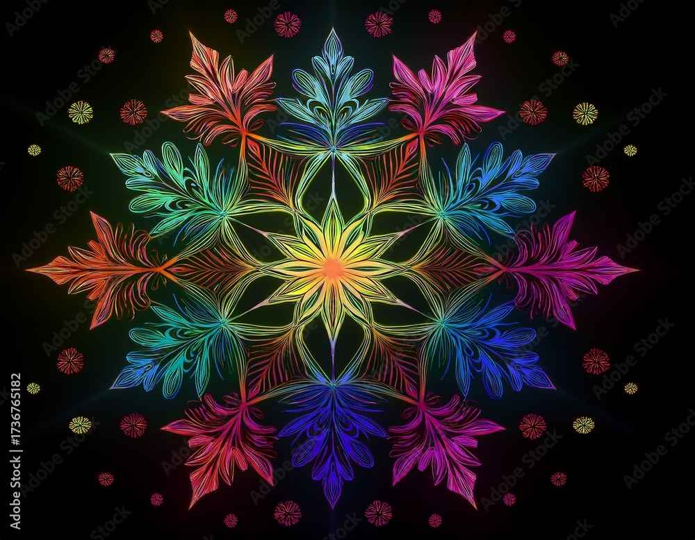 Naklejka premium colorful snowflake patterns on black background in graphic design