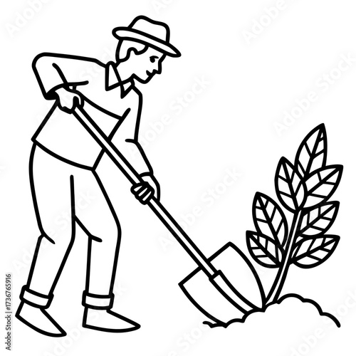 Simple Gardening Hoe Line Art Vector Illustration on White Background