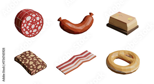 Vector art of collection of six different types of processed meats and cheese