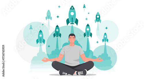 Meditation Symbolizes Start-Up Success, Launching Rockets Demonstrating New Ventures