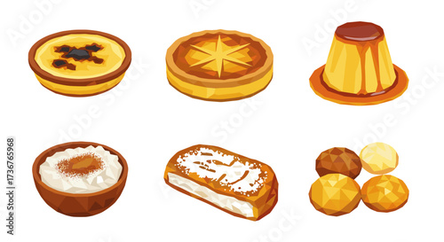 Vector art of a collection of six different sweet desserts and pastries, including tarts and custards, isolated on a