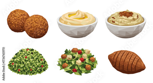 Vector art of collection of middle eastern food items including falafel, hummus, and tabbouleh