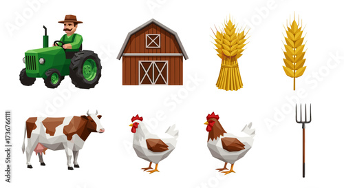 Vector art of collection of farm elements including a farmer on a tractor, barn, cow, chickens, wheat, and pitchfork