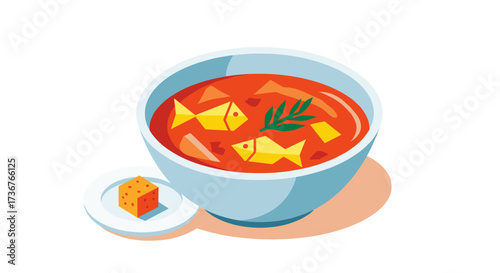 Vector art of a bowl of fish soup with a side of cheese