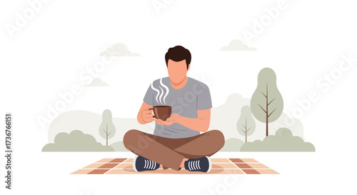 Meditative Man Holding Warm Beverage on a Peaceful Day Out in Nature with Steam