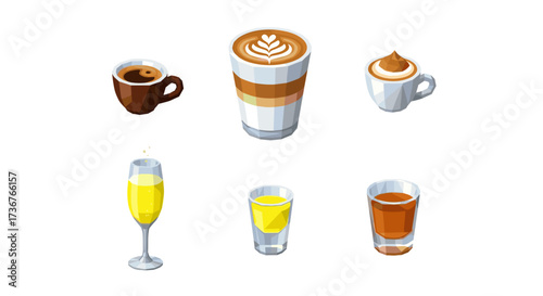 Vector art of collection of six different coffee and alcoholic drinks