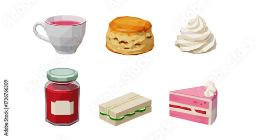 Vector art of afternoon tea set with scone, jam, sandwich, cake, tea and cream
