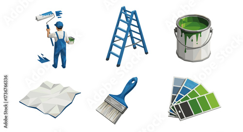 Vector art of painting tools and supplies including a painter, ladder, paint can, drop cloth, brush, and color swatch