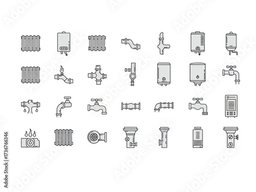Plumbing and heating system icons, isolated on white background