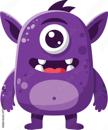 Purple one-eyed cartoon monster character with cute smile and small arms vector design
