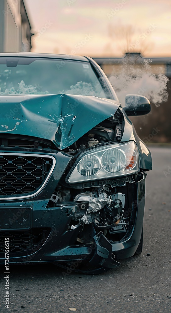 Fototapeta premium Broken and damaged car on an urban street after a road accident. Vehicle with crashed front bumper and steaming engine, needing emergency roadside assistance.