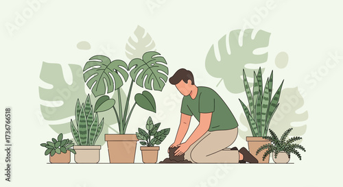 Man gardening illustration, planting a houseplant in the garden, plants care and hobby