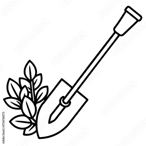 Minimalist Garden Tool Hoe Outline Vector Drawing Isolated on White