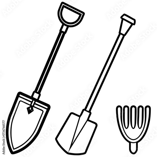 Minimalist Garden Tool Hoe Outline Vector Drawing Isolated on White