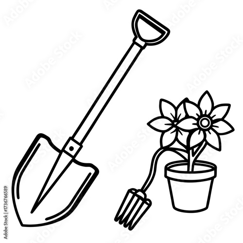 Minimalist Garden Tool Hoe Outline Vector Drawing Isolated on White