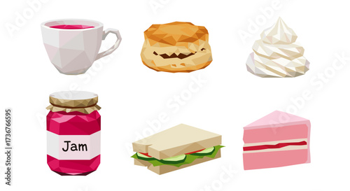 Vector art of collection of afternoon tea items including a cup of tea, scone, meringue, jam, sandwich, and cake