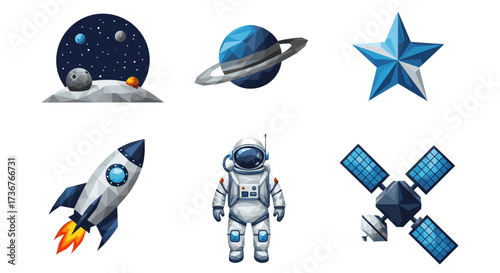 Vector art of collection of spacethemed icons including planets, stars, rocket, astronaut, and satellite