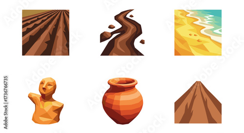Vector art of collection of six icons representing earth elements, agriculture, and ancient artifacts