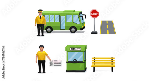 Vector art of set of cartoon bus stop elements including bus, driver, ticket booth, bench, and road