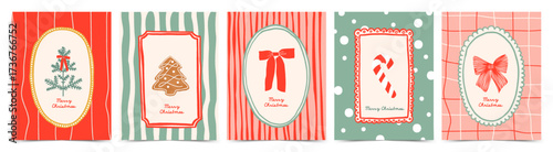 Merry Christmas hand drawn greeting card set. Trendy vintage Xmas illustration in coquette style. Vector template for branding, holiday poster, banner, invitation.