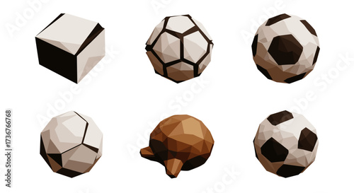 Vector art of collection of lowpoly 3d rendered objects including soccer balls, a cube, and a turtle
