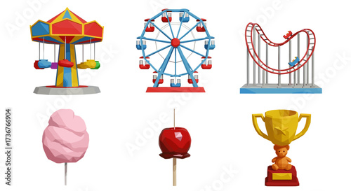 Vector art of collection of amusement park rides and treats