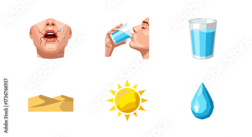 Vector art of dehydration symptoms and causes, including dry mouth, drinking water, desert, sun, and water drop