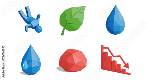 Vector art of collection of lowpoly icons representing concepts like falling, nature, water, and decline
