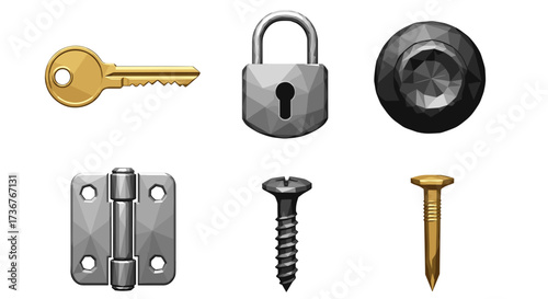 Vector art of collection of hardware objects including a key, padlock, screw, hinge, nail, and bolt