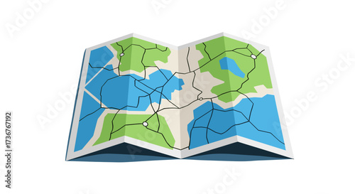 Vector art of open folded paper map with blue and green areas and black roads