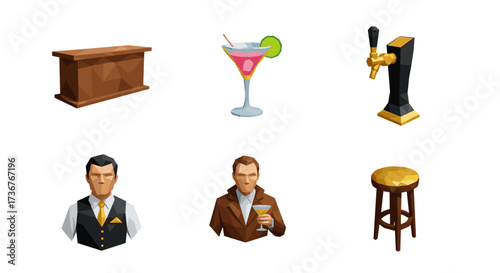 Vector art of collection of bar elements including a bar counter, cocktail, beer tap, bartender, patron, and stool