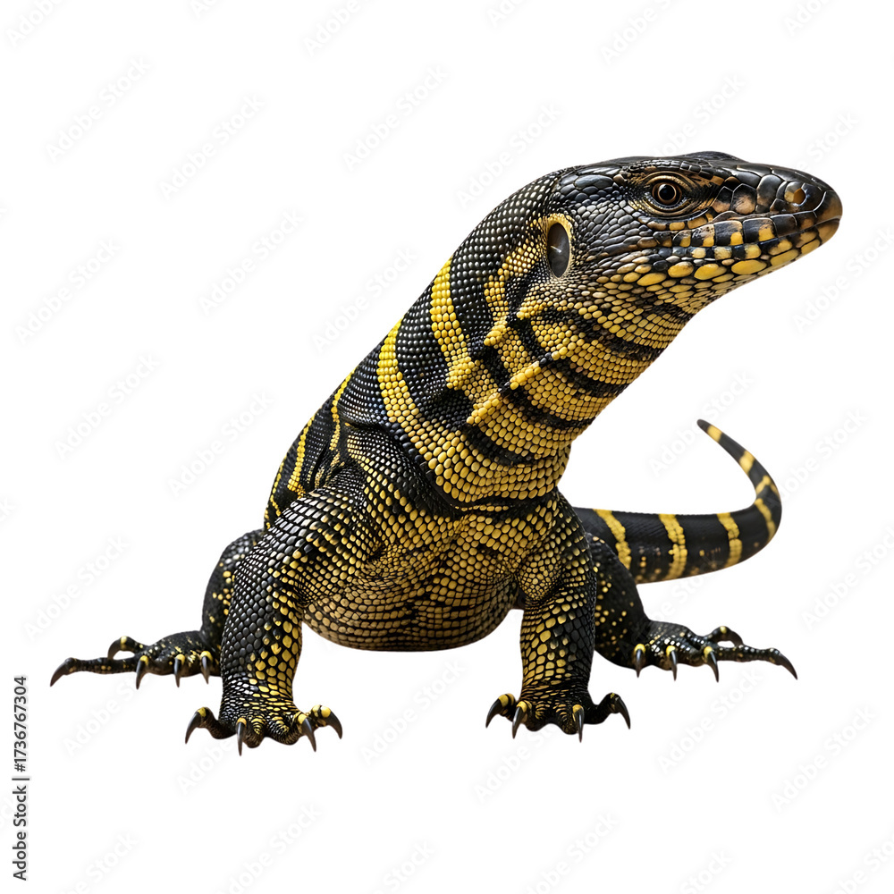 Obraz premium Striking yellow tree monitor lizard poised and ready, captivating wildlife close-up view