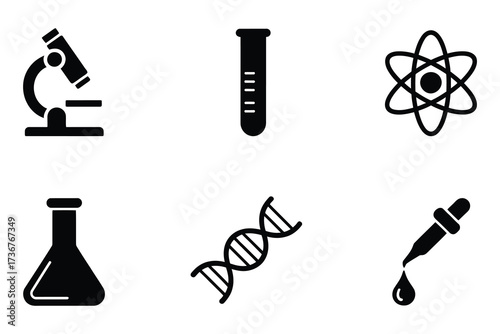 Set of six black science and technology icons including microscope dna test tube dropper
