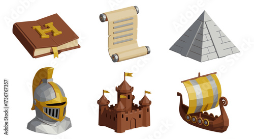 Vector art of collection of historical icons including a book, scroll, pyramid, helmet, castle, and viking ship