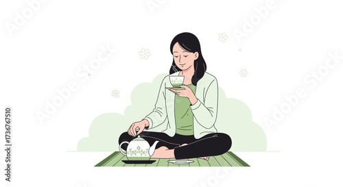 Mindful Woman Enjoying Tea Ceremony In Lotus Position With Elegant Teapot And Cup