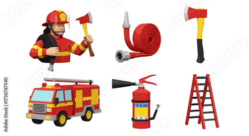 Vector art of firefighter equipment and vehicle set