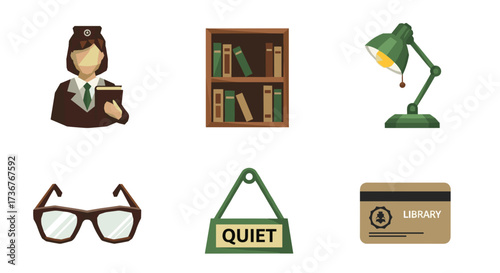 Vector art of collection of library icons including a librarian, bookshelf, lamp, glasses, quiet sign, and library card