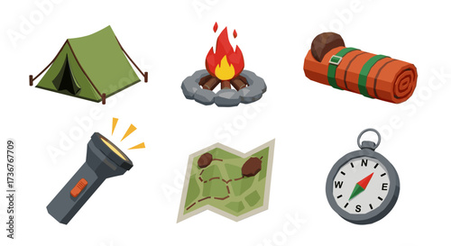Vector art of collection of camping and outdoor adventure icons, including a tent, campfire, sleeping bag, flashlight, map, and compass