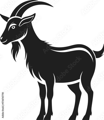 Black silhouette of a goat standing isolated on white background