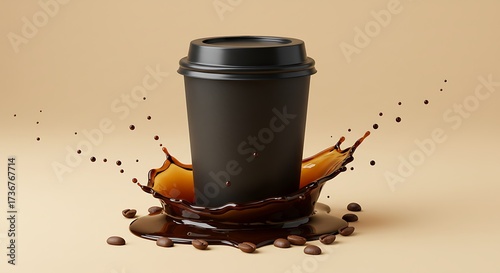 A to-go coffee cup with a lid sits on a beige background. Around the base of the cup is a splash of dark brown liquid and scattered coffee beans.