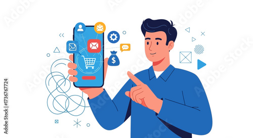 Mobile Commerce And E-commerce Conceptualization Illustrating Digital Platforms And Connections