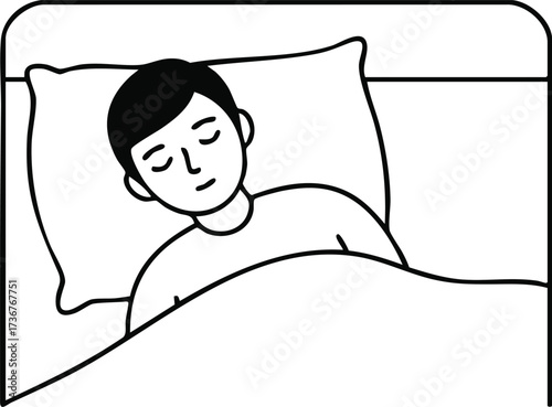 Sleeping boy resting peacefully on pillow under blanket in bed vector illustration